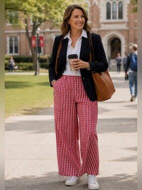 BDG Red White Gingham Wide Leg Cargo Pants Pull-On Elastic Waist Pockets Size L